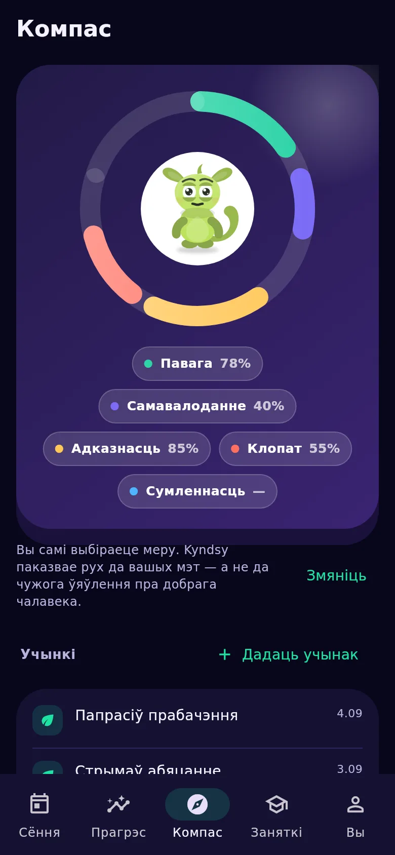 Экран «Компас»: каштоўнасці, учынкі і значкі