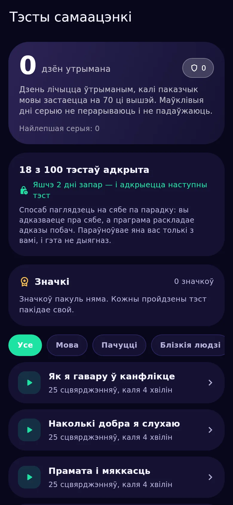 Экран тэстаў самаацэнкі ў Kyndsy: сто тэстаў, адкрытыя і закрытыя
