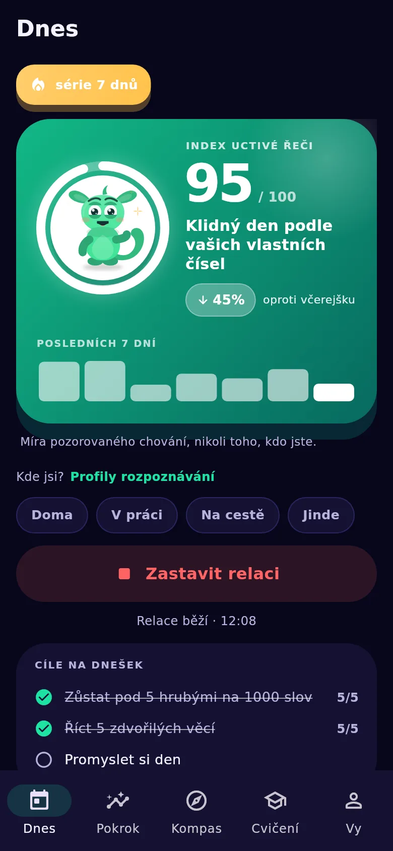 Obrazovka „Dnes“ v aplikaci Kyndsy: index dne, minuty řeči a počítadla