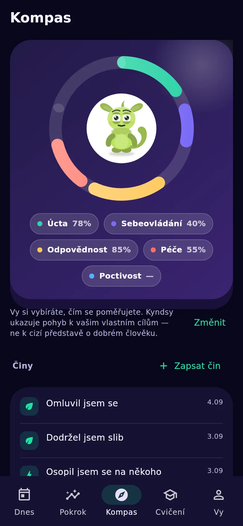 Obrazovka „Kompas“: hodnoty, skutky a odznaky