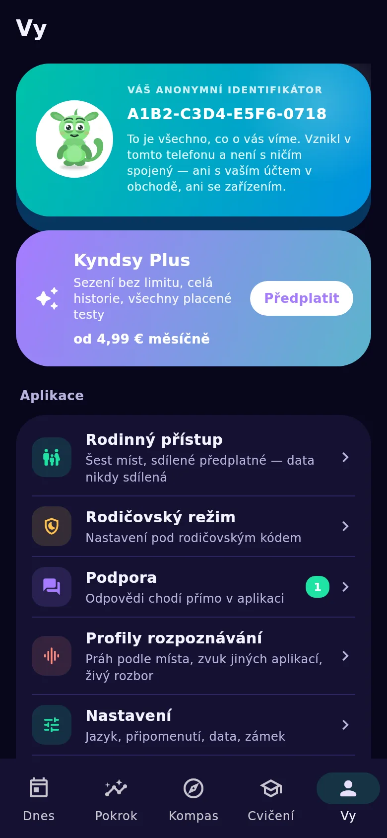 Obrazovka „Vy“: anonymní identifikátor, rodinný přístup a přenos historie