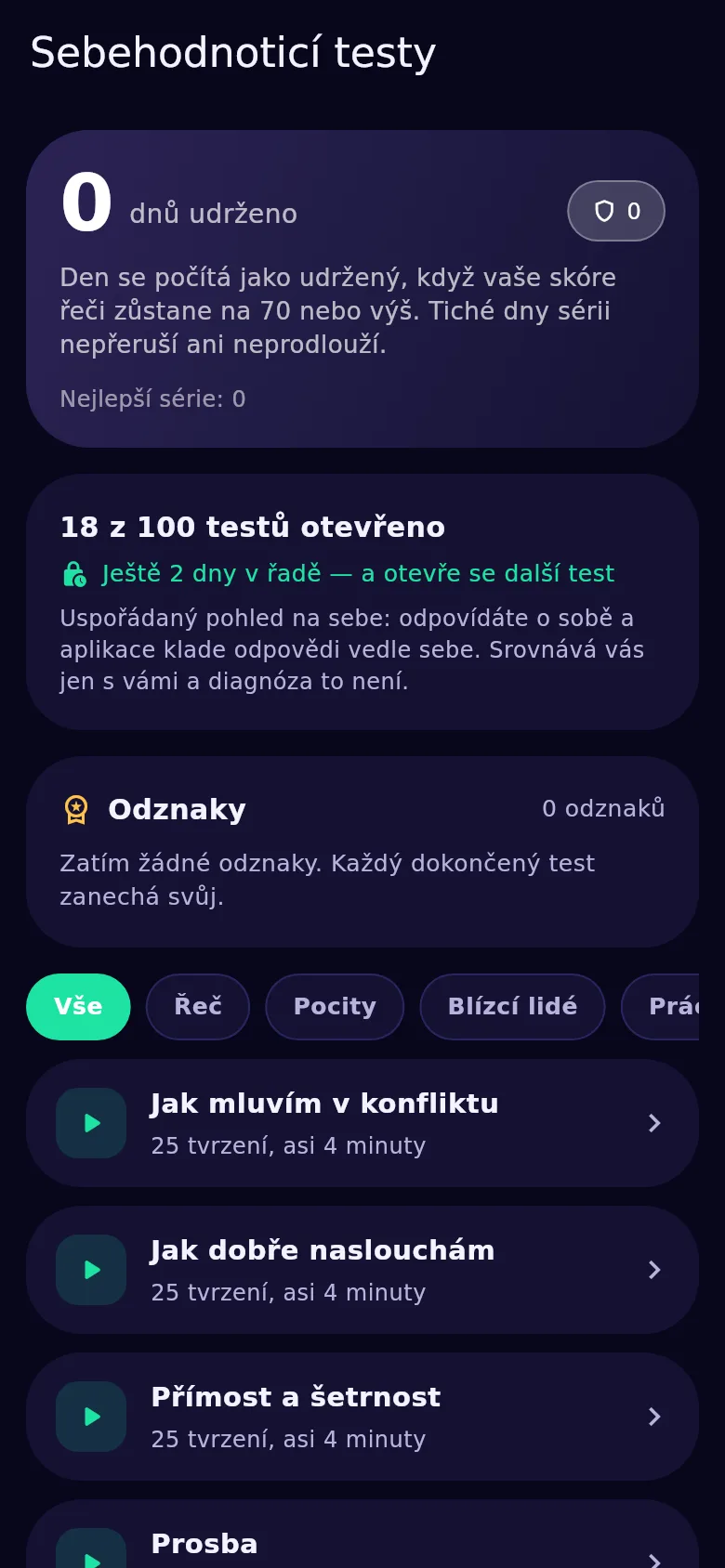 Obrazovka testů sebehodnocení v Kyndsy: sto testů, otevřené i zamčené