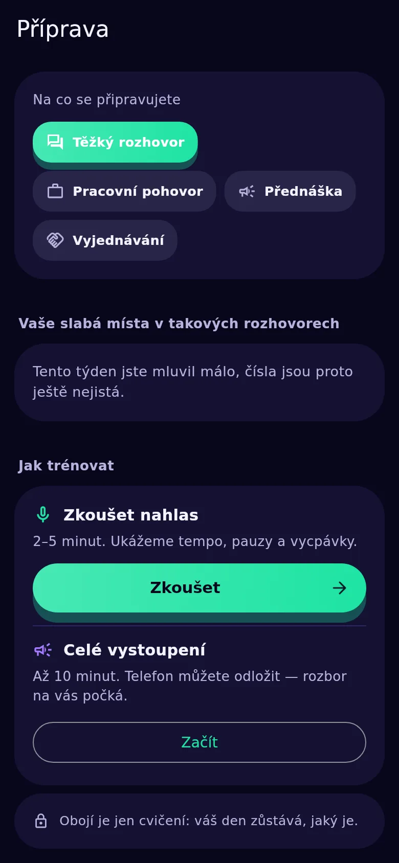 Obrazovka přípravy v Kyndsy: na co se chystáte, vaše slabá místa a tlačítko zkoušky