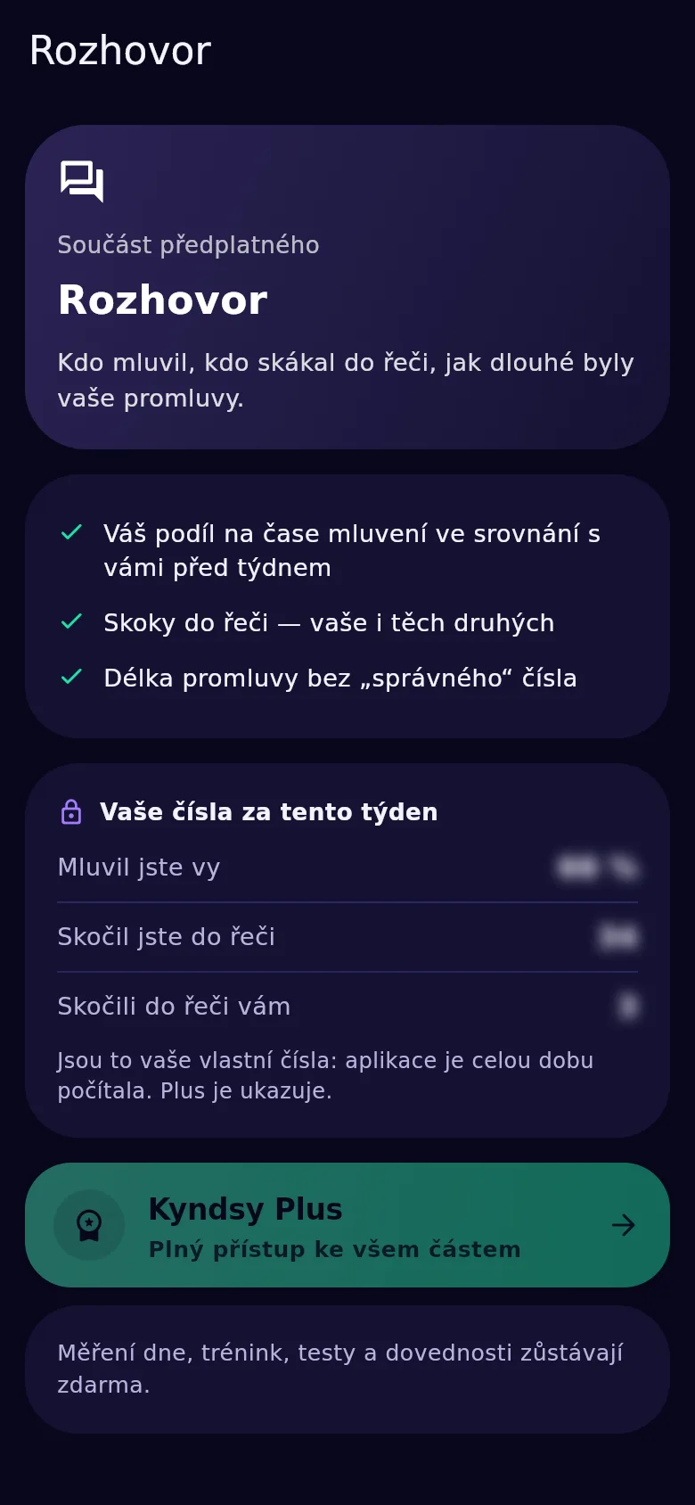Obrazovka rozhovoru v Kyndsy: podíl na mluvení, skákání do řeči oběma směry, délka promluvy