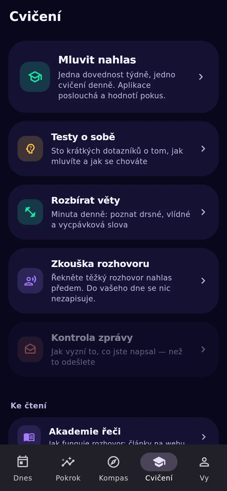 Záložka „Cvičení“: trenér řeči, testy, trenažér a zkouška