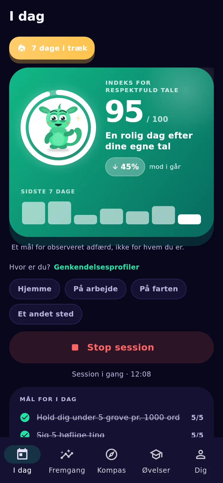 Skærmen «I dag»: sessionen er synlig hele den tid, den kører