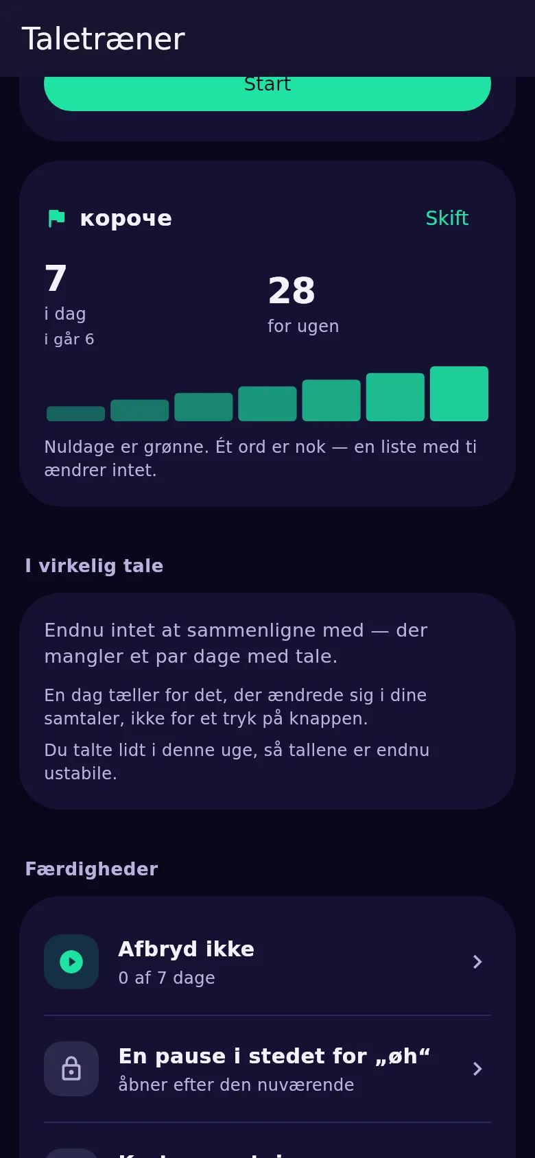 Kortet ugens ord i Kyndsy: ordet og tallene for i dag, i går og ugen