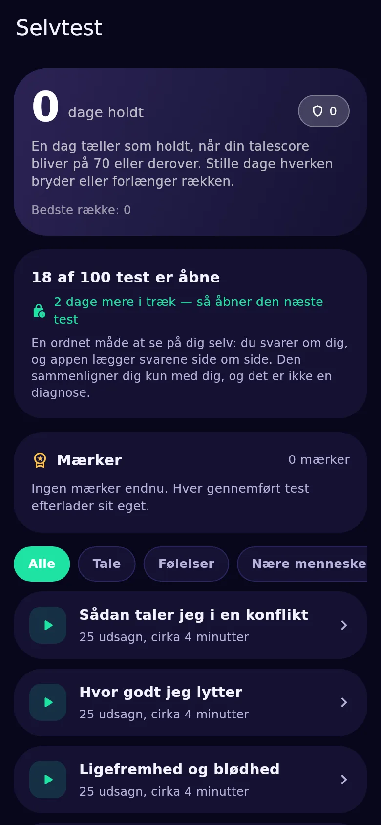 Skærmen med selvtests i Kyndsy: hundrede tests, åbne og låste