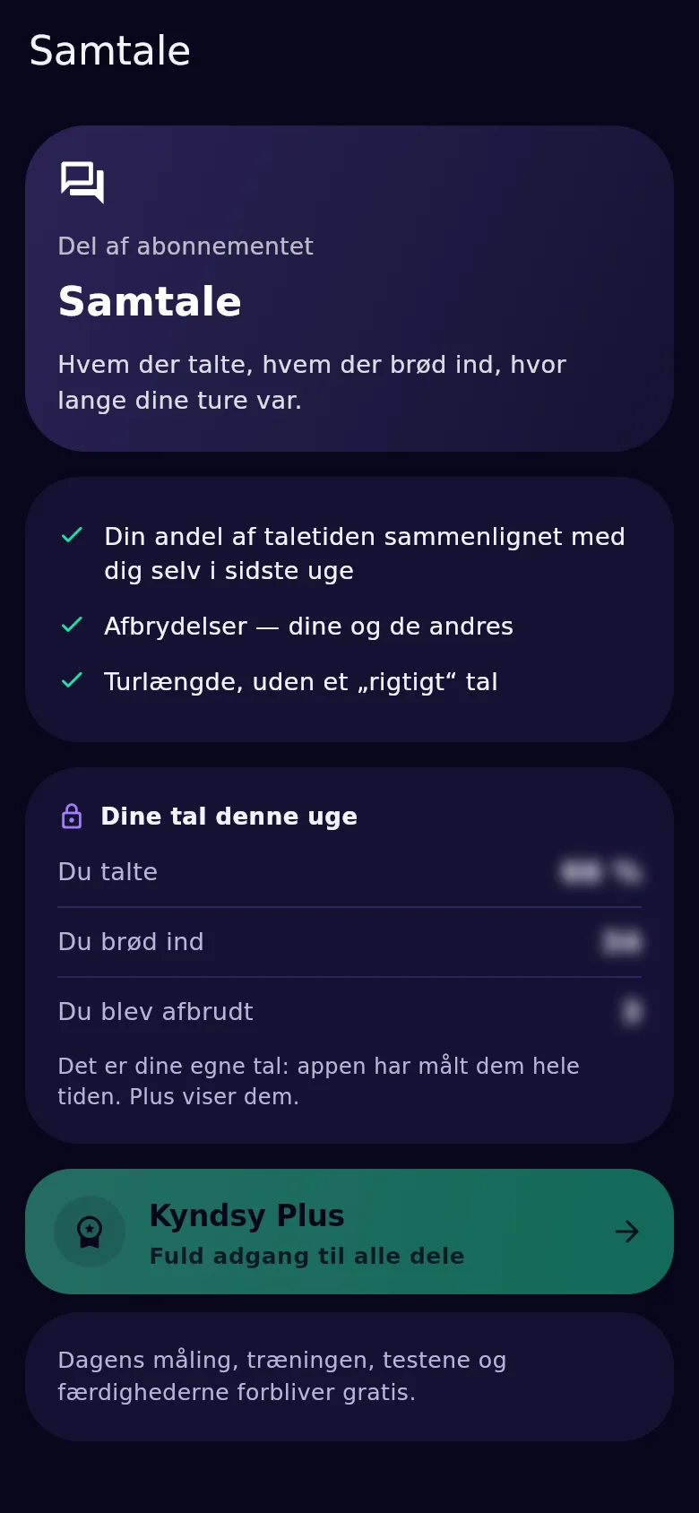 Samtaleskærmen i Kyndsy: taletidsandel, afbrydelser begge veje, indlægslængde