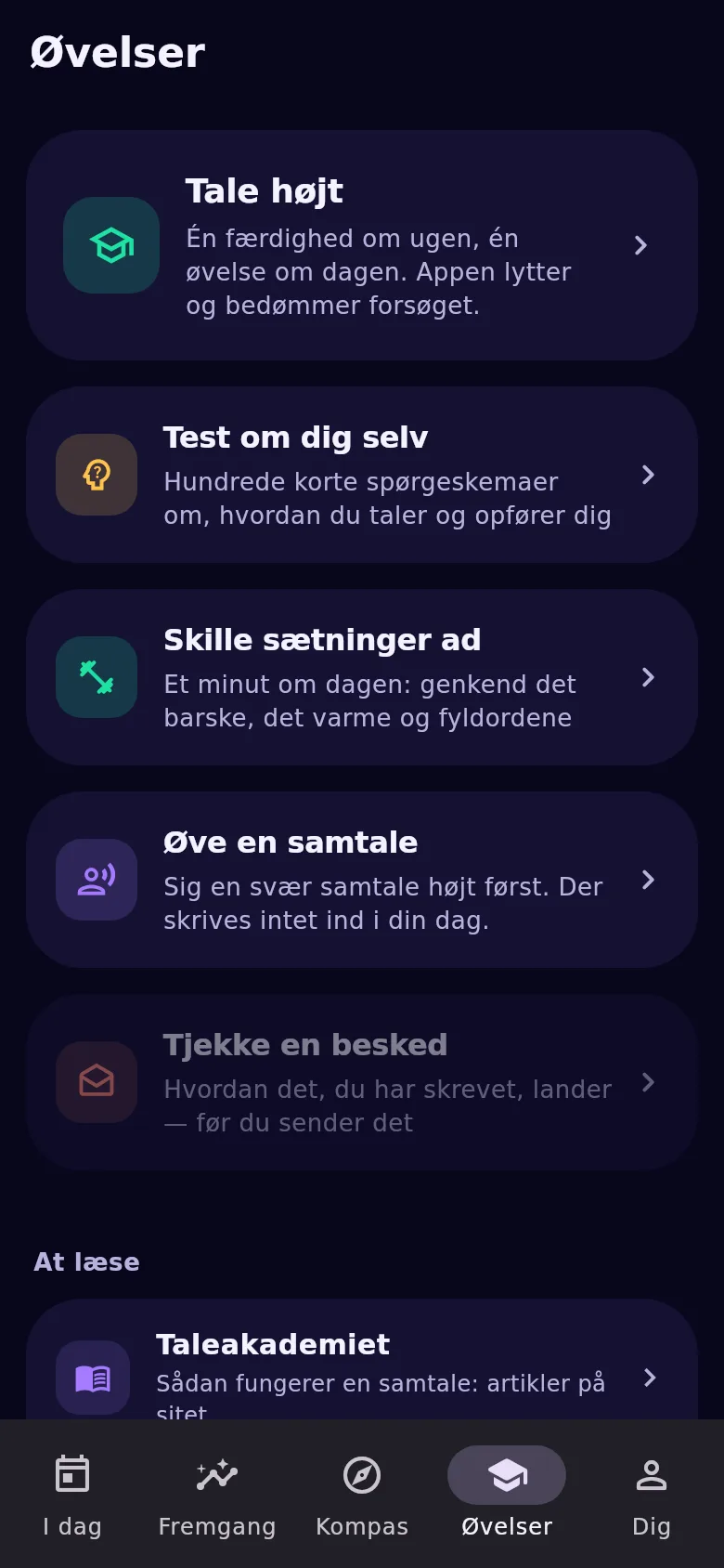 Fanen „Øvelser“: talecoach, tests, træning og prøve