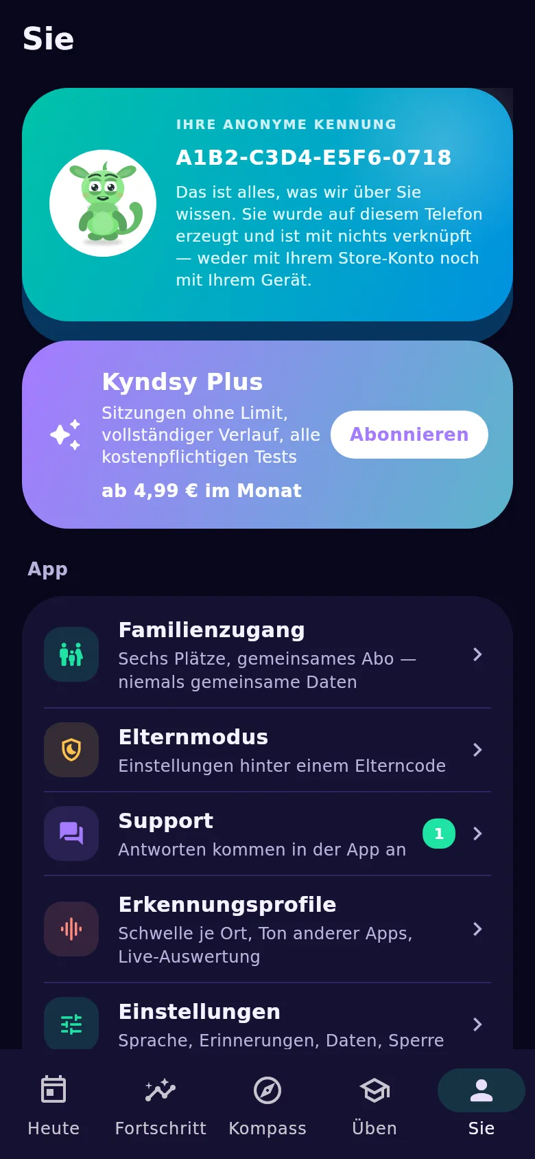 Der Bildschirm „Sie“: anonyme Kennung, Familienzugang und Verlaufsübertragung