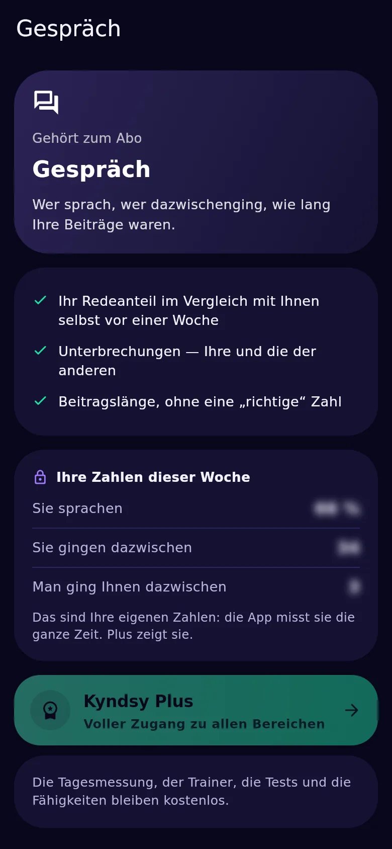 Der Gesprächsbildschirm in Kyndsy: Redeanteil, Unterbrechungen in beide Richtungen, Beitragslänge