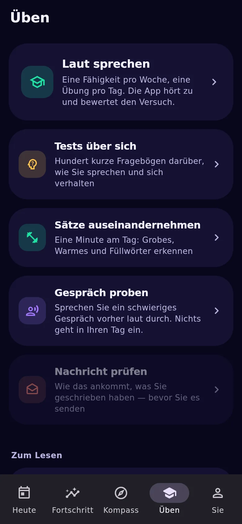 Der Bereich „Üben“: Sprechtrainer, Tests, Trainer und Probe