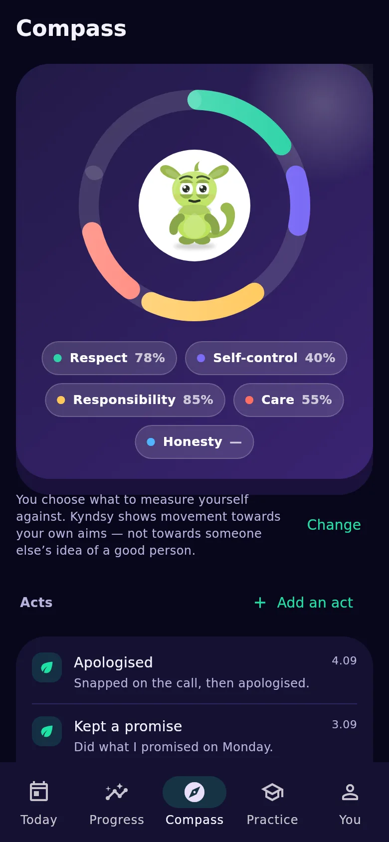The Compass screen: values, deeds and badges