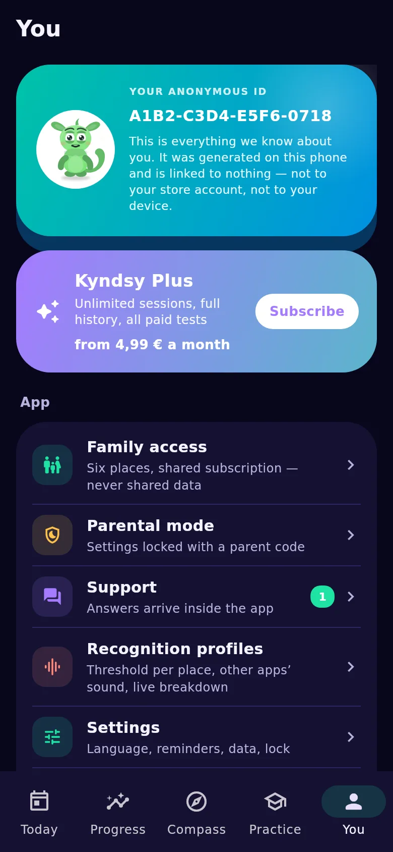 The You screen: anonymous identifier, family access and history transfer