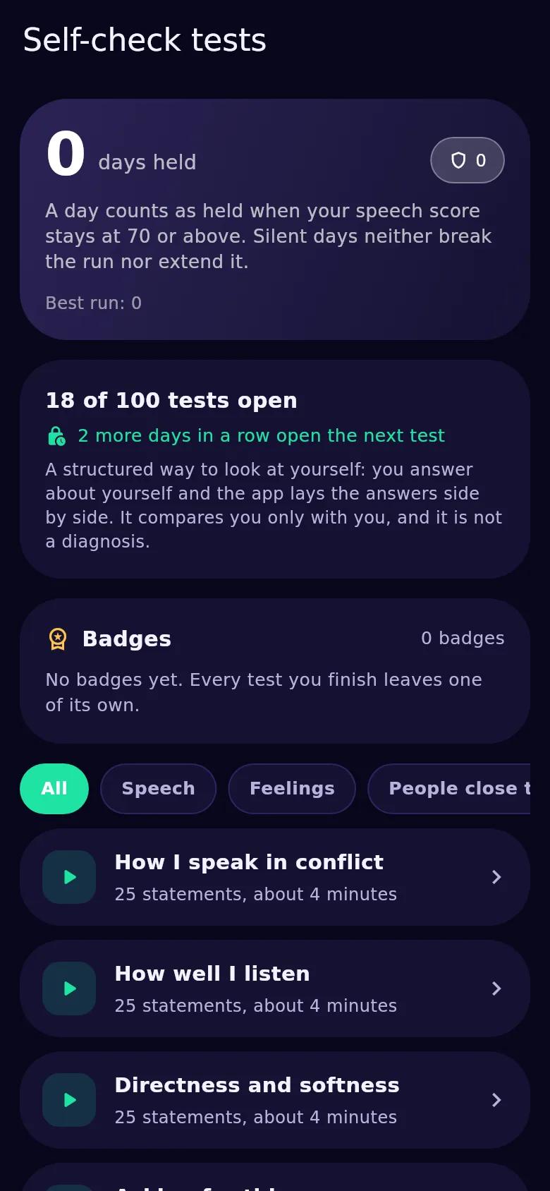 The self-check tests screen in Kyndsy: a hundred tests, open and locked