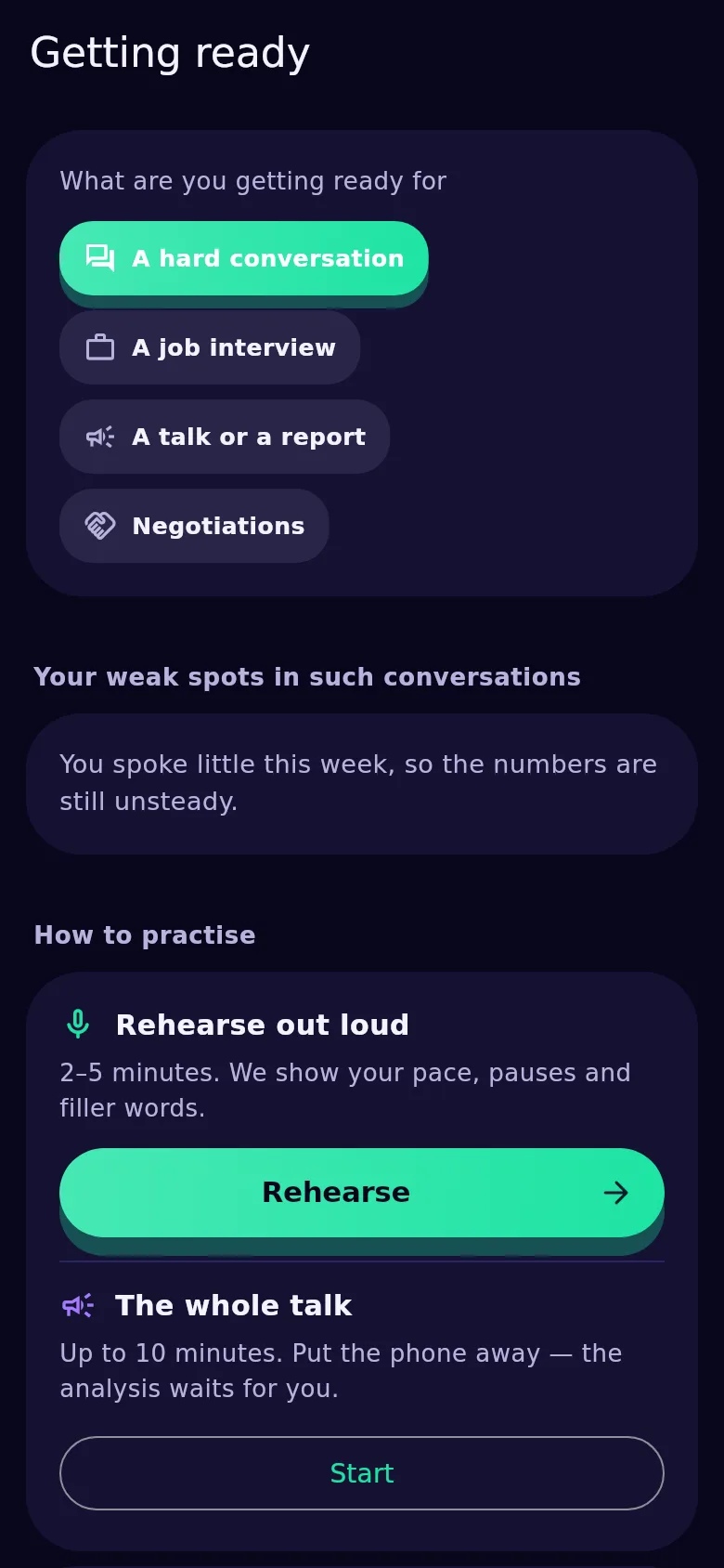 The preparation screen in Kyndsy: what you are preparing for, your weak spots and the rehearse button