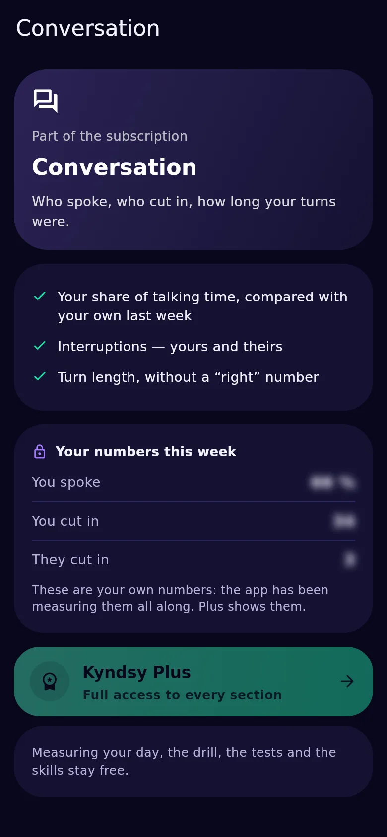 The conversation screen in Kyndsy: talk share, interruptions both ways, turn length