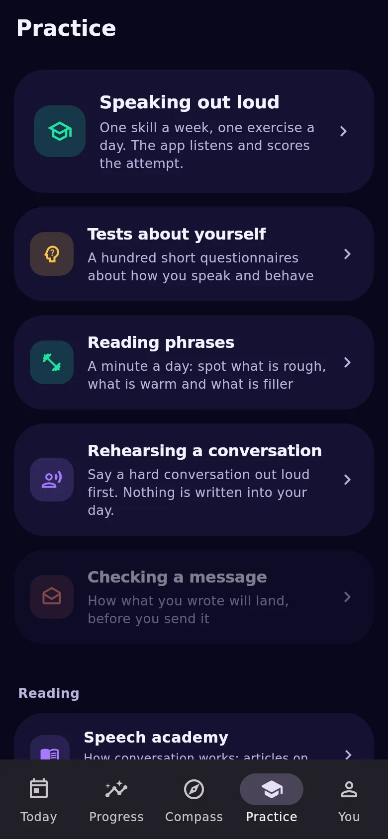The Practice tab: speech coach, tests, drill and rehearsal