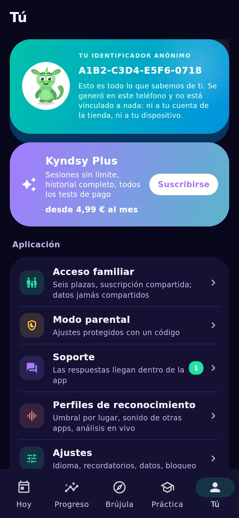 La pantalla «Tú»: identificador anónimo, acceso familiar y traspaso del historial