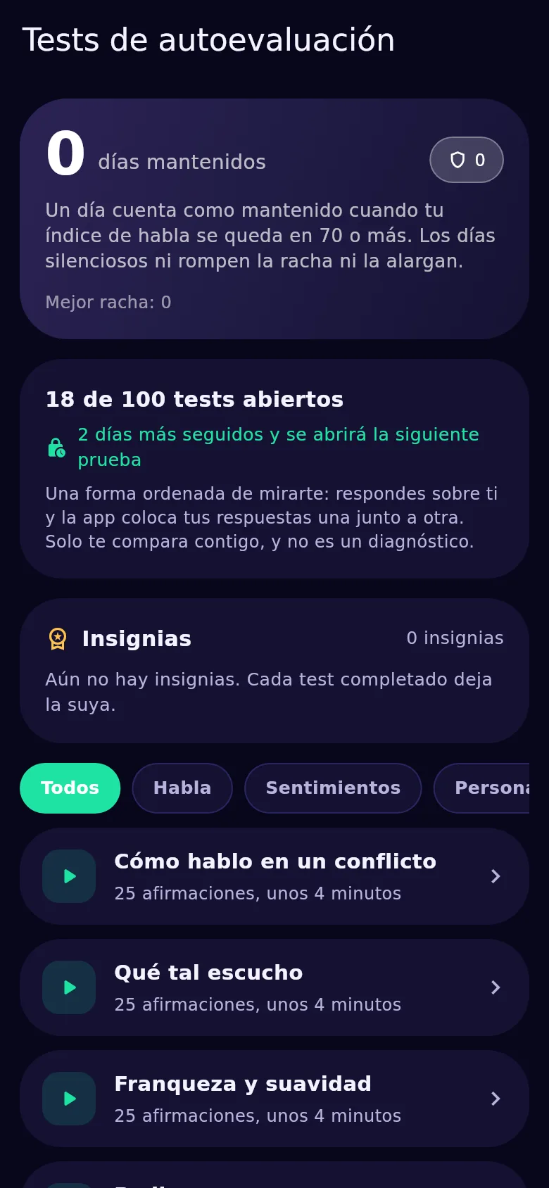 La pantalla de tests de autoevaluación en Kyndsy: cien tests, abiertos y bloqueados