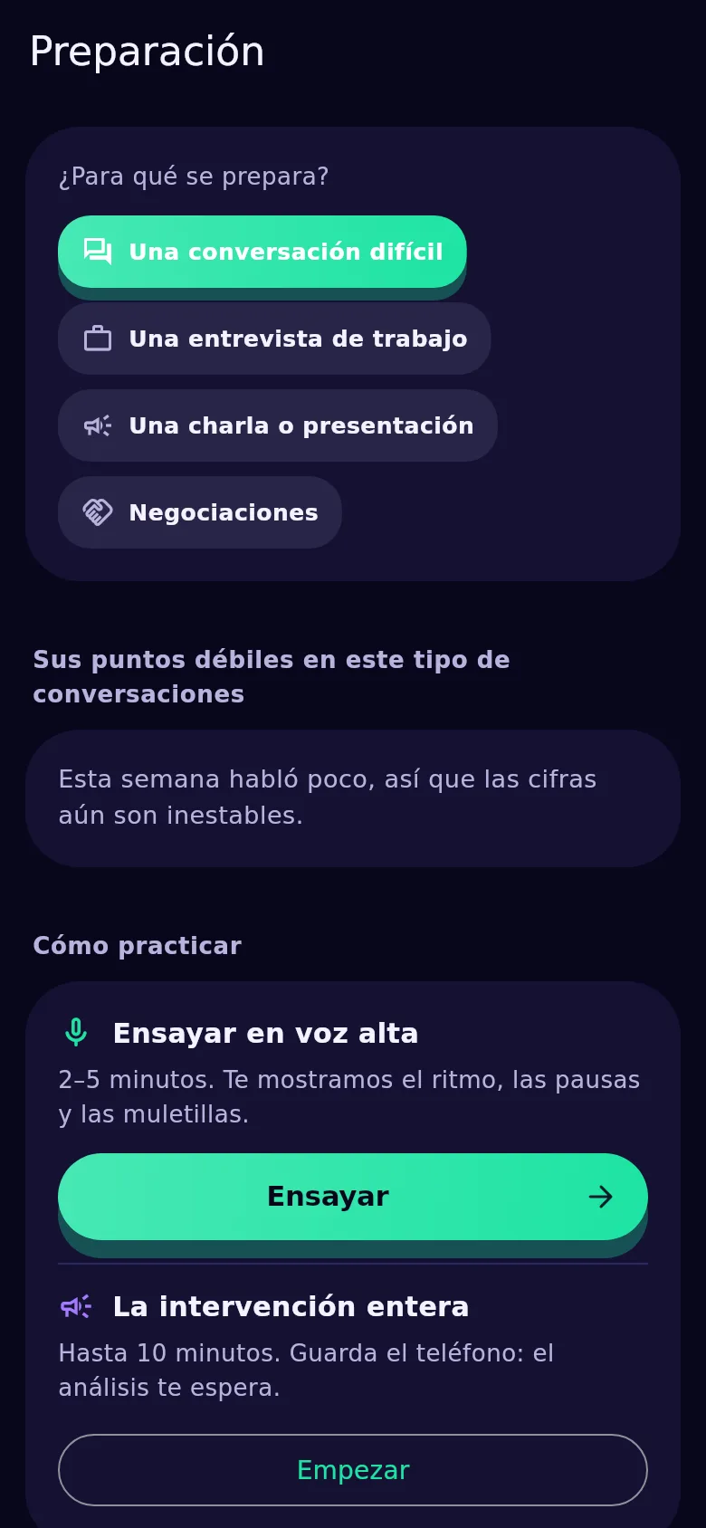 La pantalla de preparación en Kyndsy: para qué te preparas, tus puntos flojos y el botón de ensayo