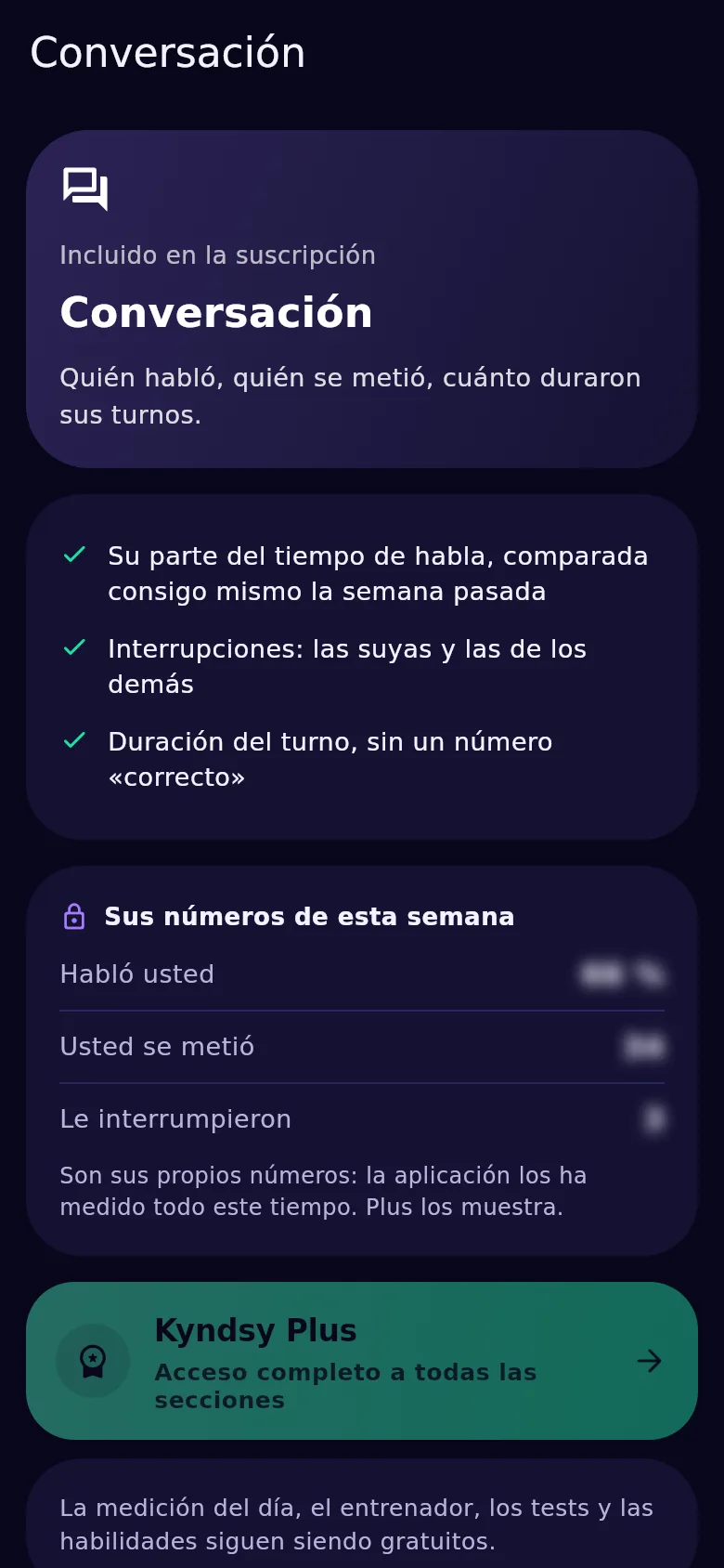 La pantalla de conversación en Kyndsy: parte del tiempo, interrupciones en ambos sentidos, duración del turno