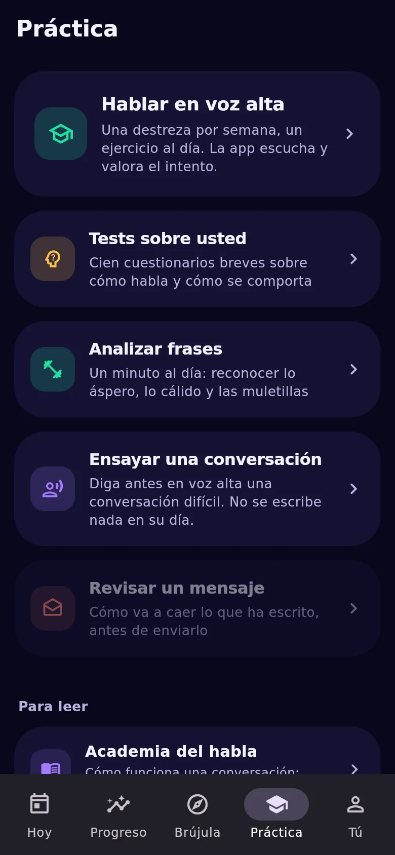 Pestaña «Práctica»: entrenador del habla, tests, ejercicio y ensayo