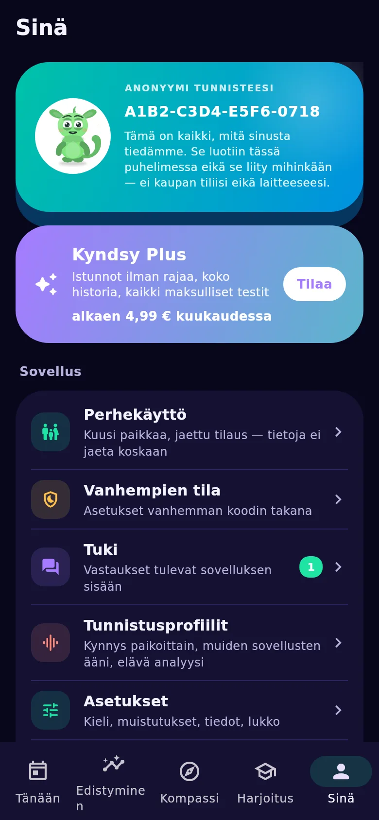 Näyttö «Sinä»: nimetön tunniste, perhekäyttö ja historian siirto