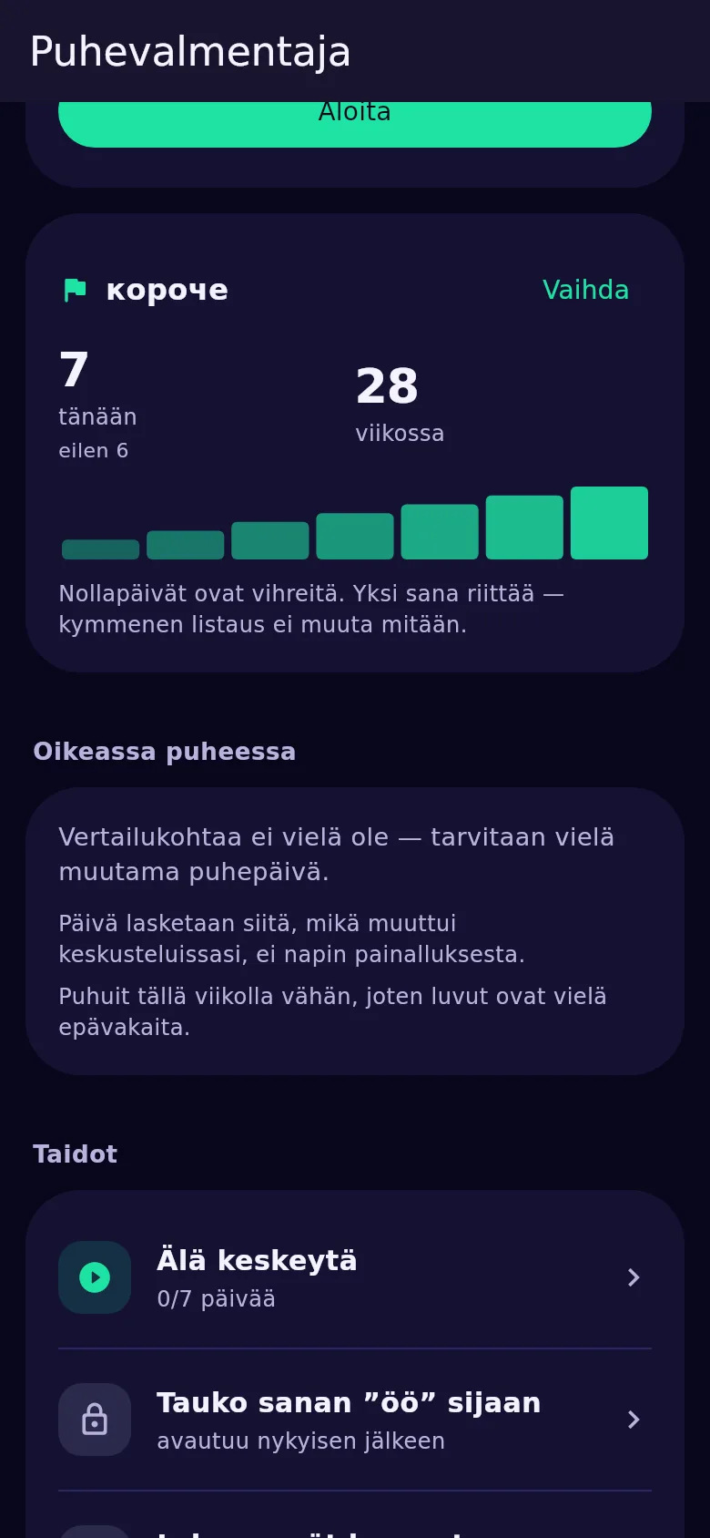 Viikon sanan kortti Kyndsyssä: sana sekä tämän päivän, eilisen ja viikon luvut