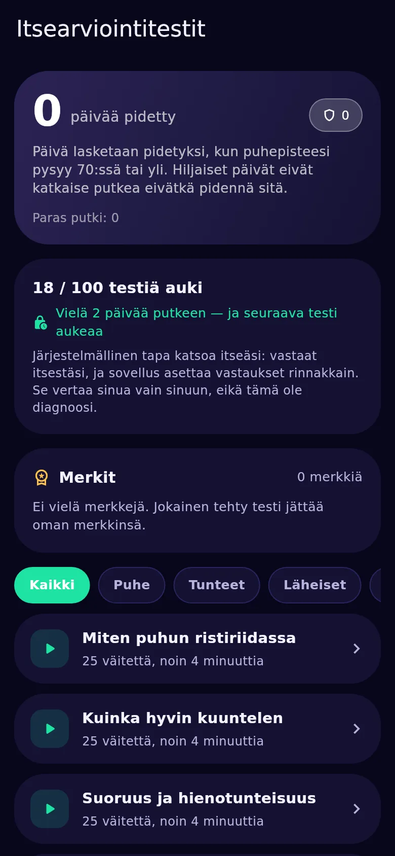 Itsearviointitestien näyttö Kyndsyssä: sata testiä, auki ja lukossa