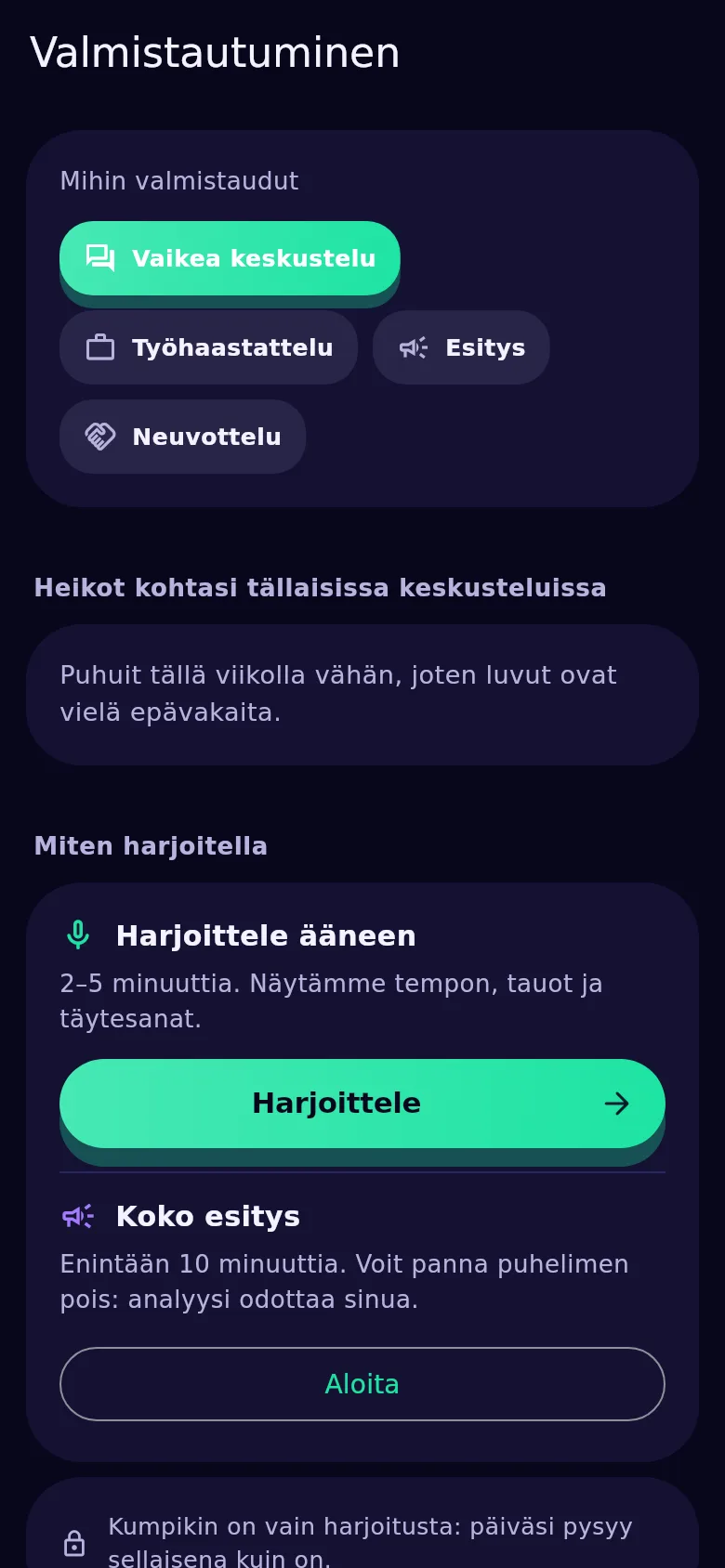 Valmistautumisnäyttö Kyndsyssä: mihin valmistaudut, heikot kohtasi ja harjoituspainike