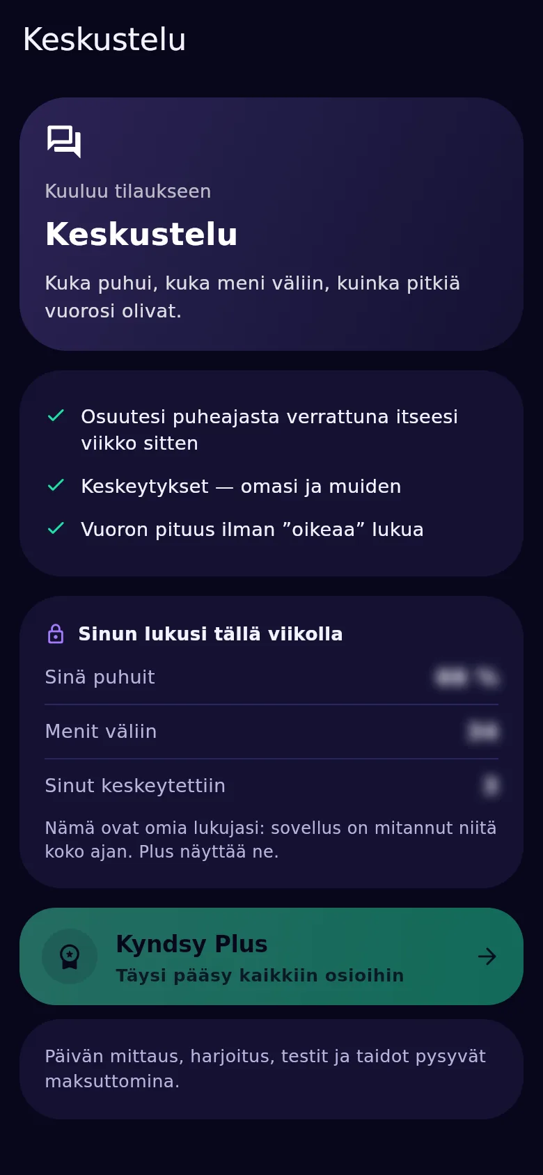 Keskustelunäyttö Kyndsyssä: puheaikaosuus, keskeytykset molempiin suuntiin, puheenvuoron pituus