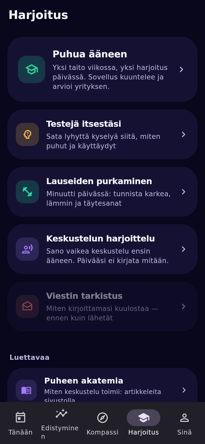 Välilehti «Harjoitukset»: puhevalmentaja, testit, harjoitus ja kenraali