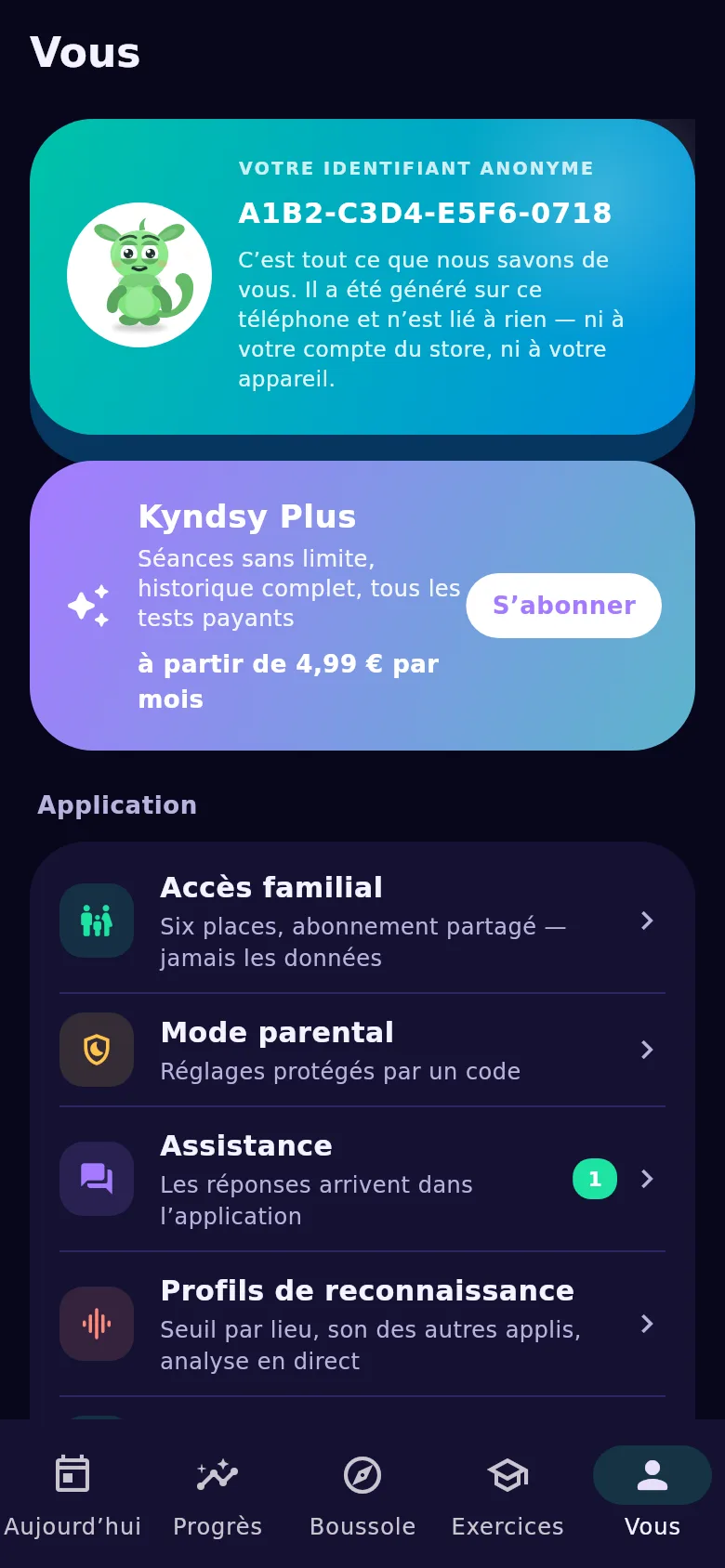 L’écran « Vous » : identifiant anonyme, accès familial et transfert de l’historique