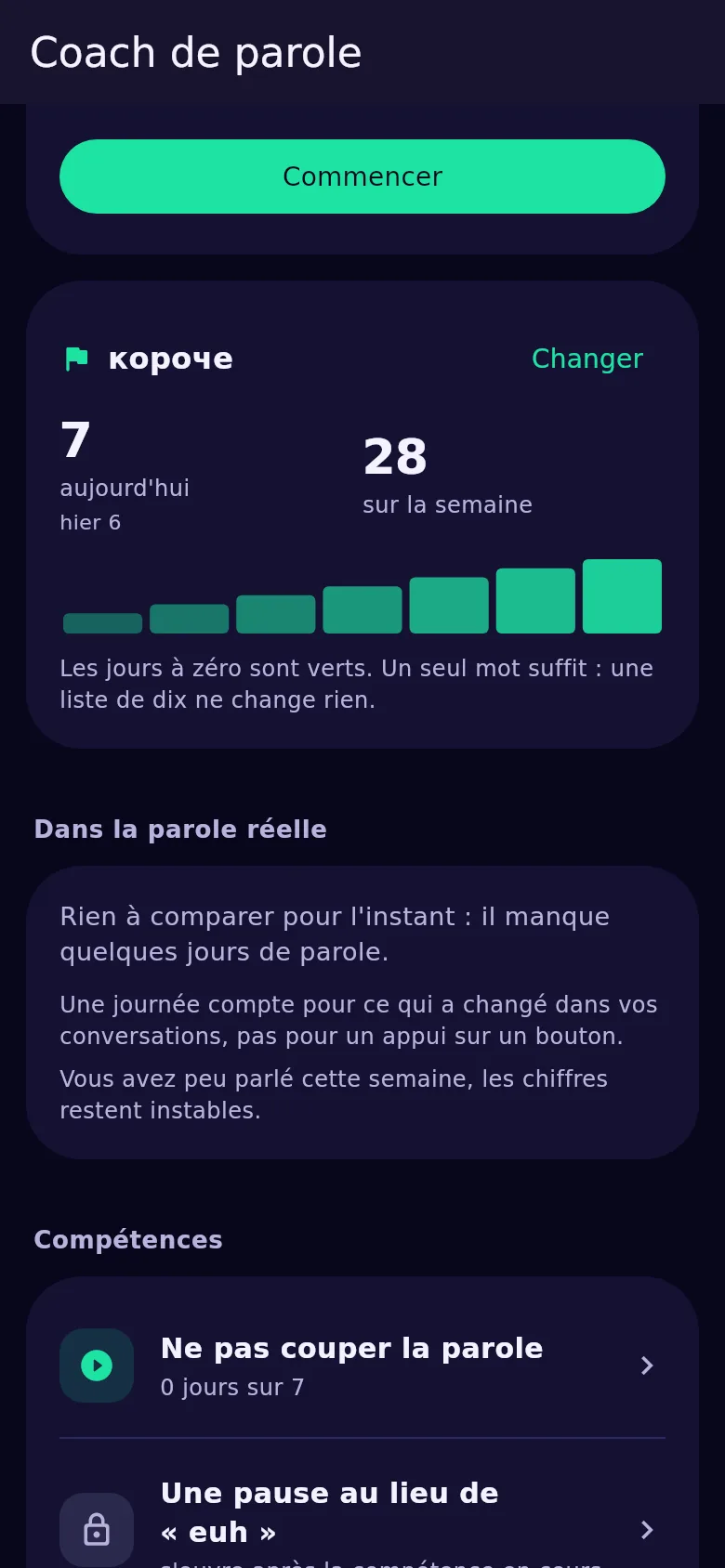 La carte du mot de la semaine dans Kyndsy : le mot et les comptes du jour, de la veille et de la semaine