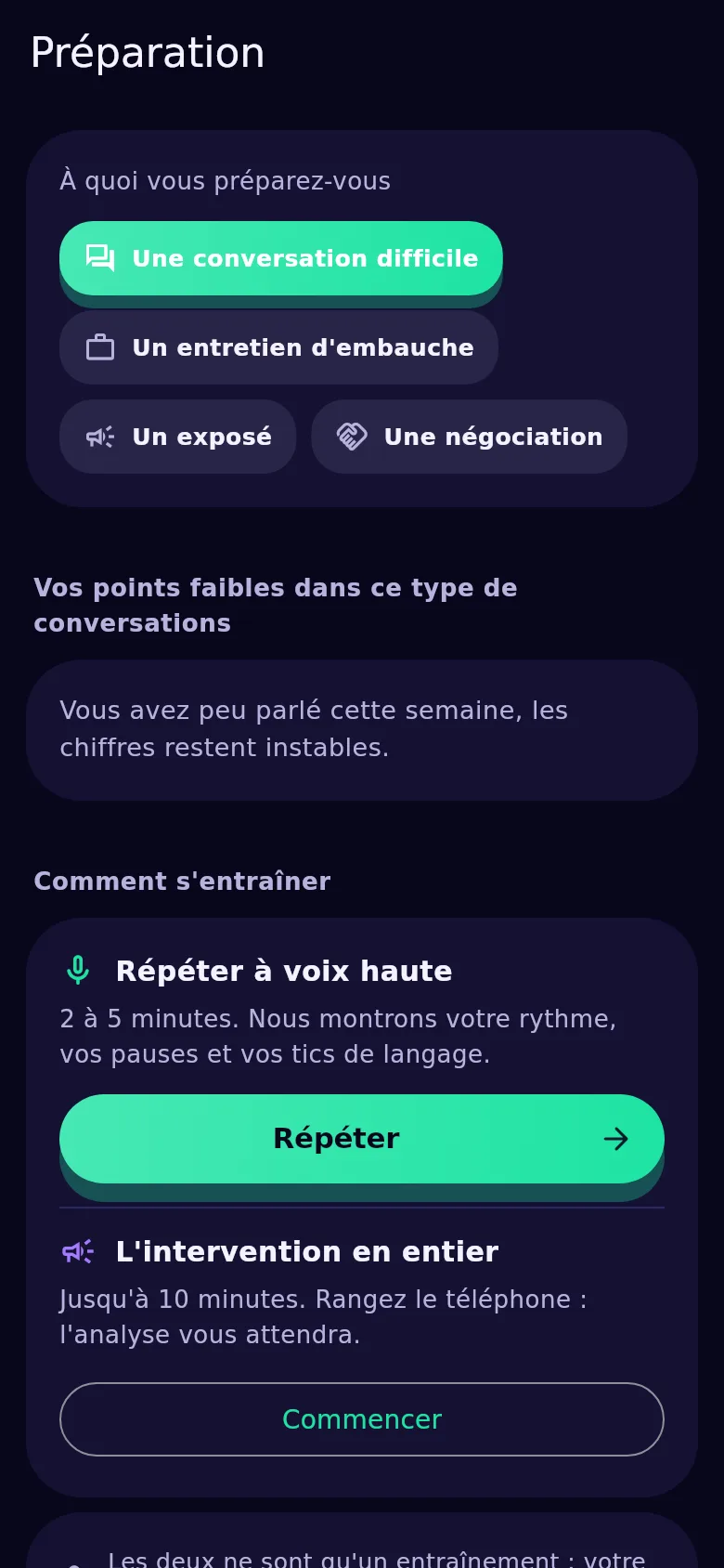L’écran de préparation dans Kyndsy : à quoi vous vous préparez, vos points faibles et le bouton de répétition