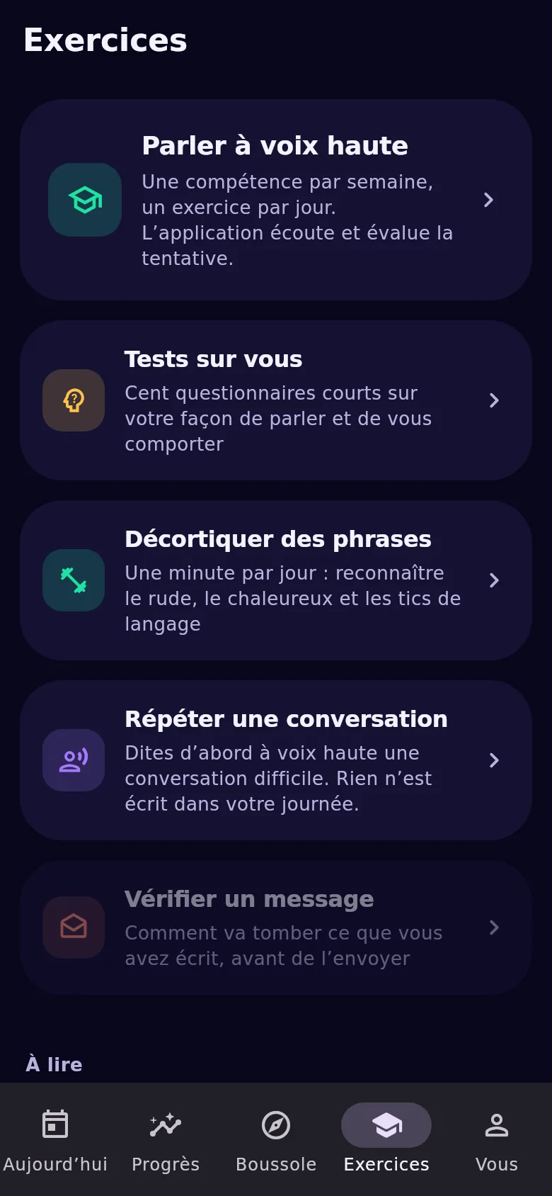 L’onglet « Exercices » : coach de parole, tests, exercice et répétition