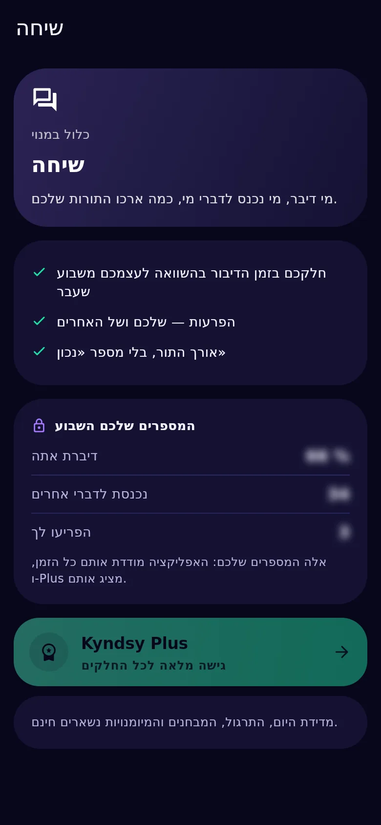 מסך השיחה ב־Kyndsy: חלק הדיבור, קטיעות לשני הכיוונים, אורך ההתבטאות