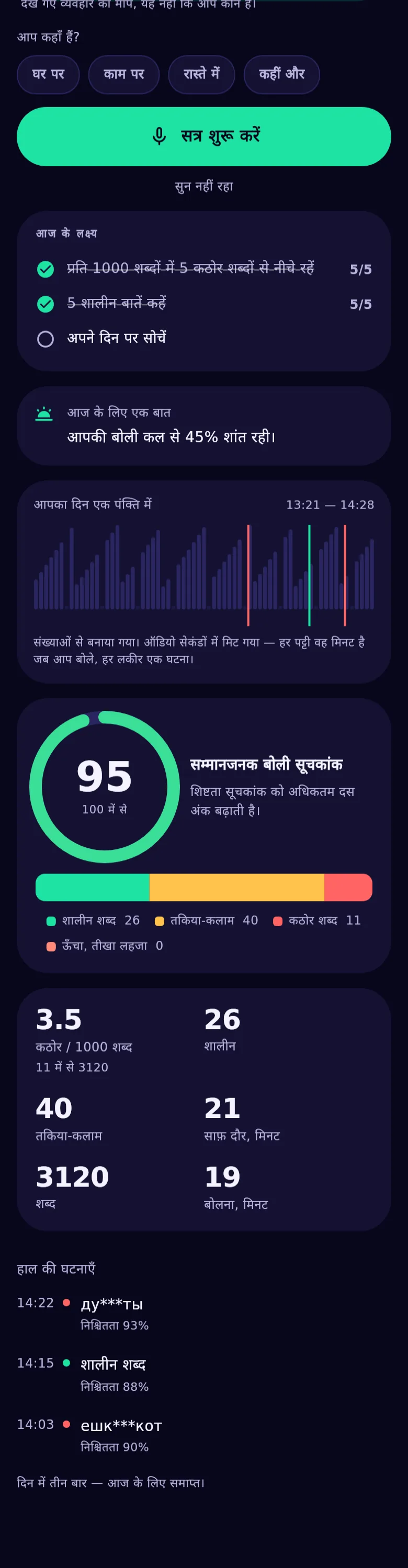 ऐप के ग्राफ़: दिन की पट्टी, सूचकांक का वलय और ताप-मानचित्र