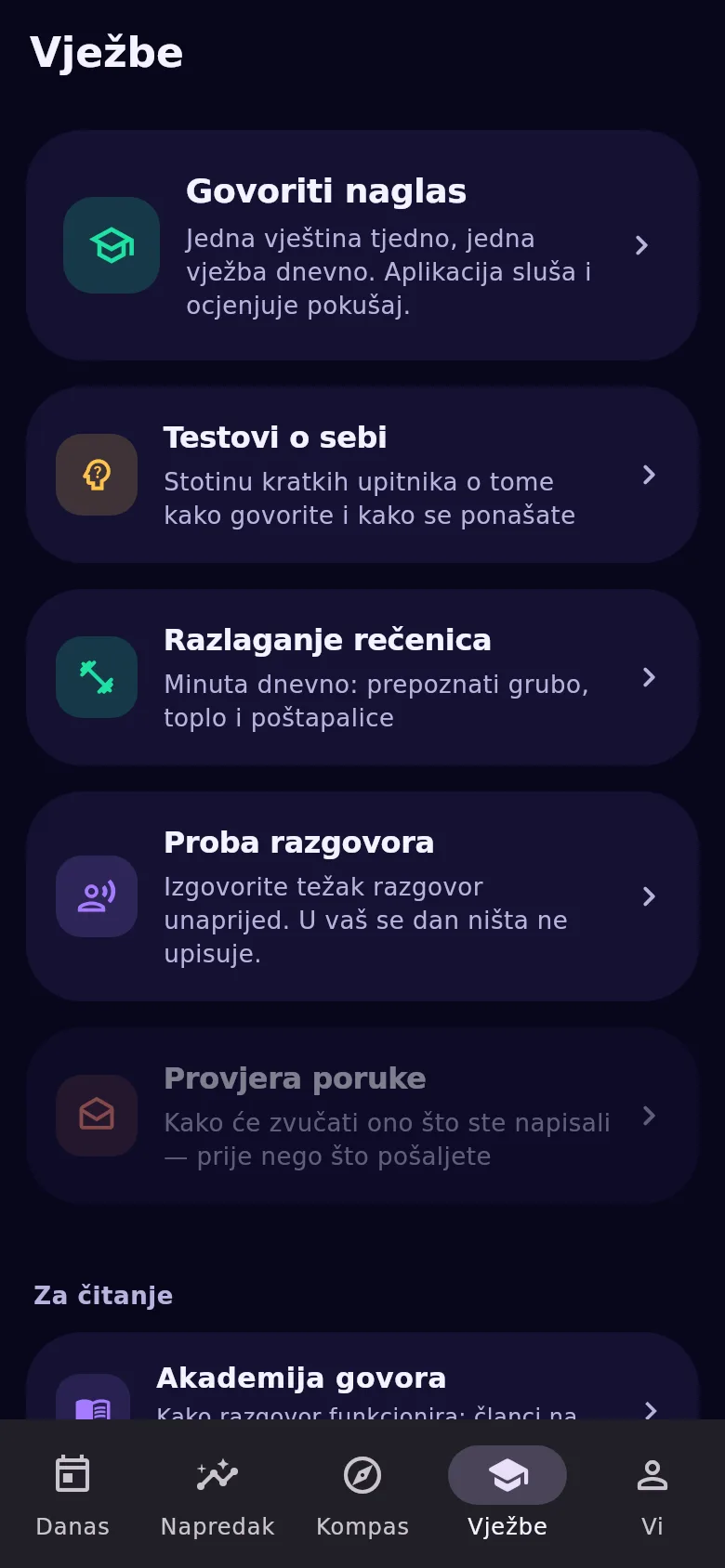 Kartica „Vježbe”: trener govora, testovi, vježbalica i proba