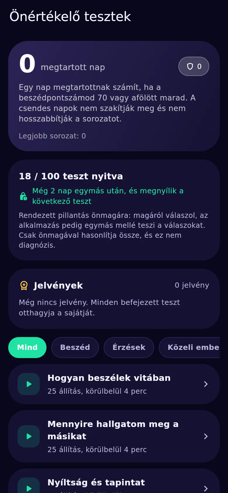 Az önértékelő tesztek képernyője a Kyndsyben: száz teszt, nyitottak és zártak