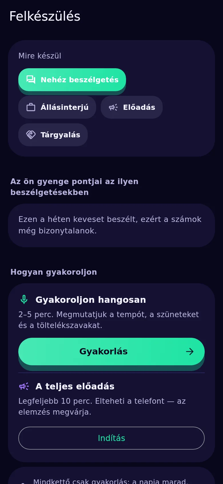 A felkészülés képernyője a Kyndsyben: mire készülsz, gyenge pontjaid és a próba gombja