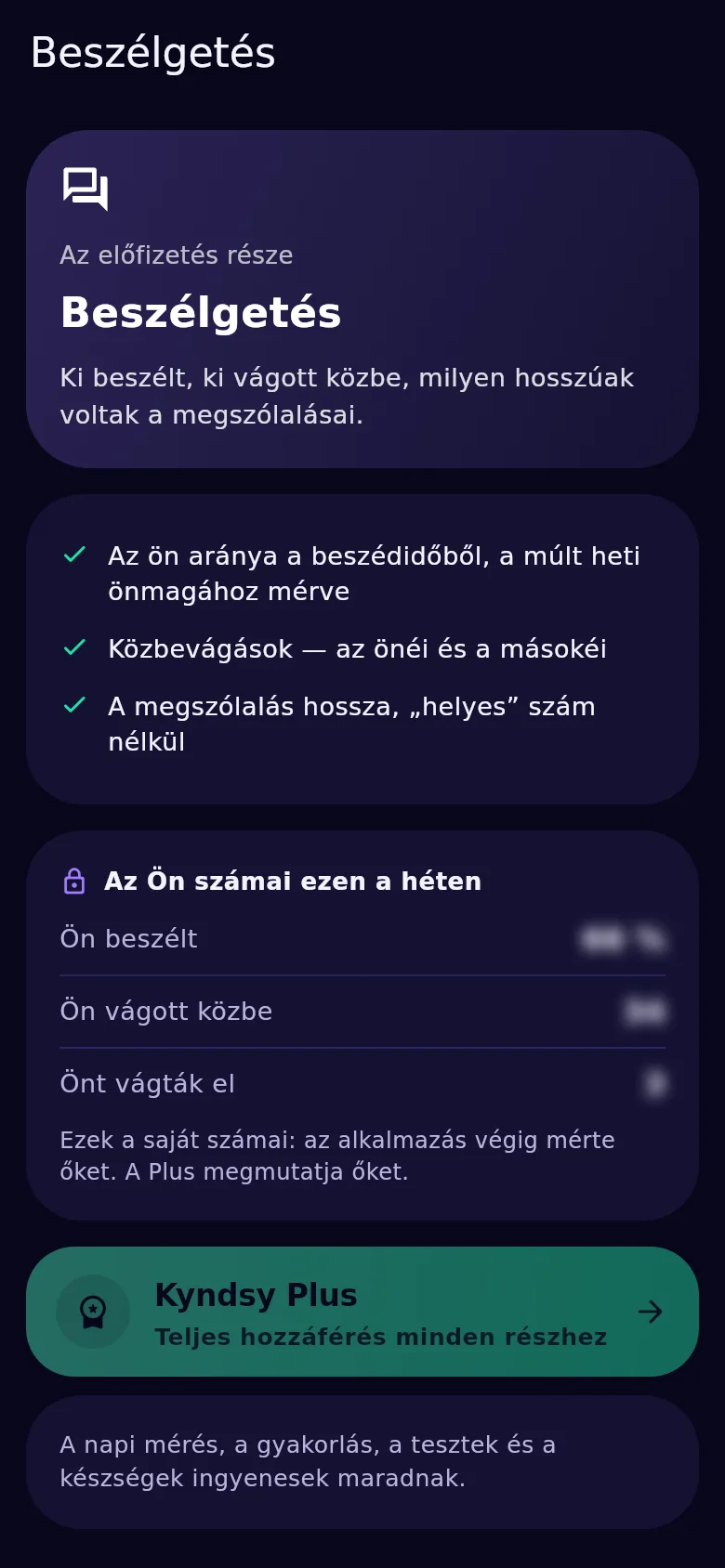 A beszélgetés képernyője a Kyndsyben: időarány, félbeszakítások mindkét irányban, megszólalás hossza