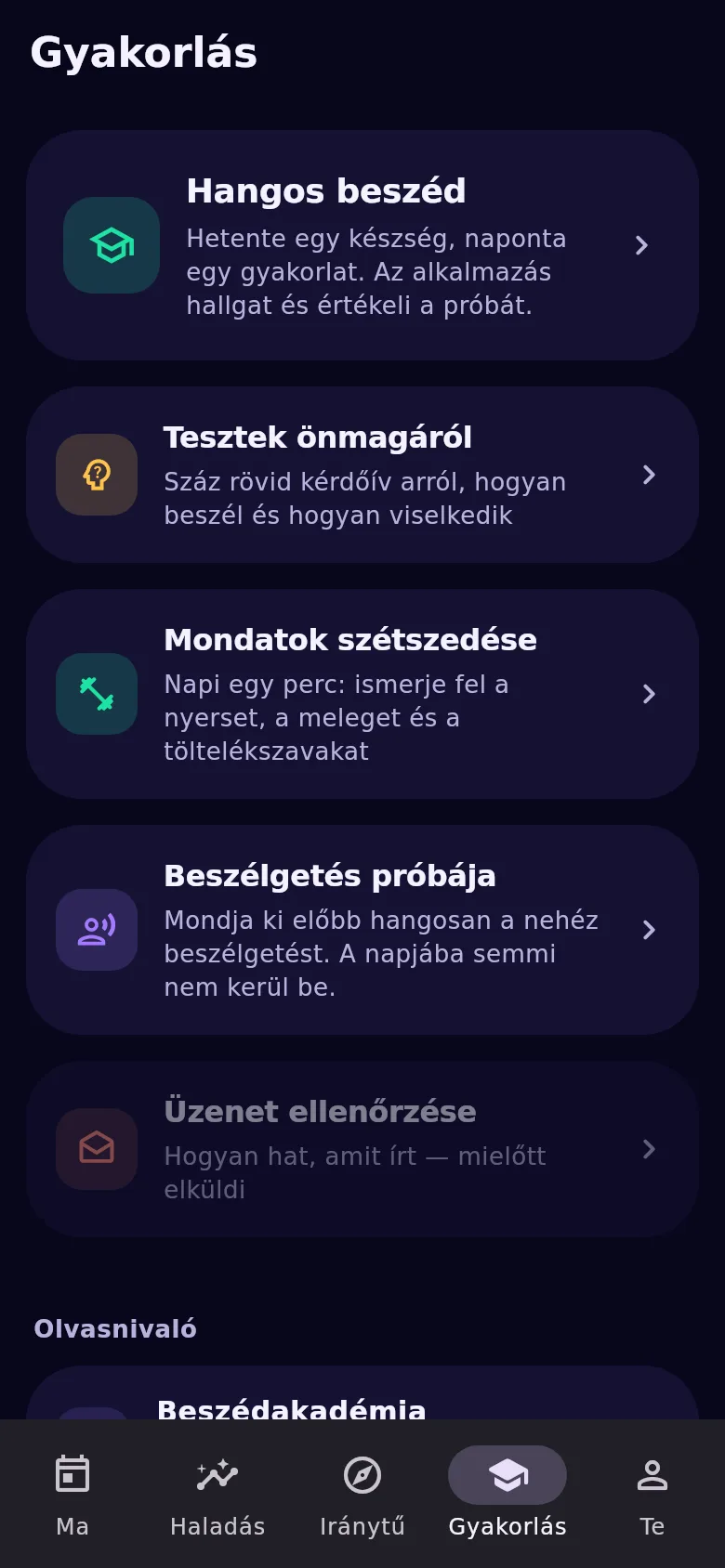 A «Gyakorlás» fül: beszédedző, tesztek, gyakorlás és próba