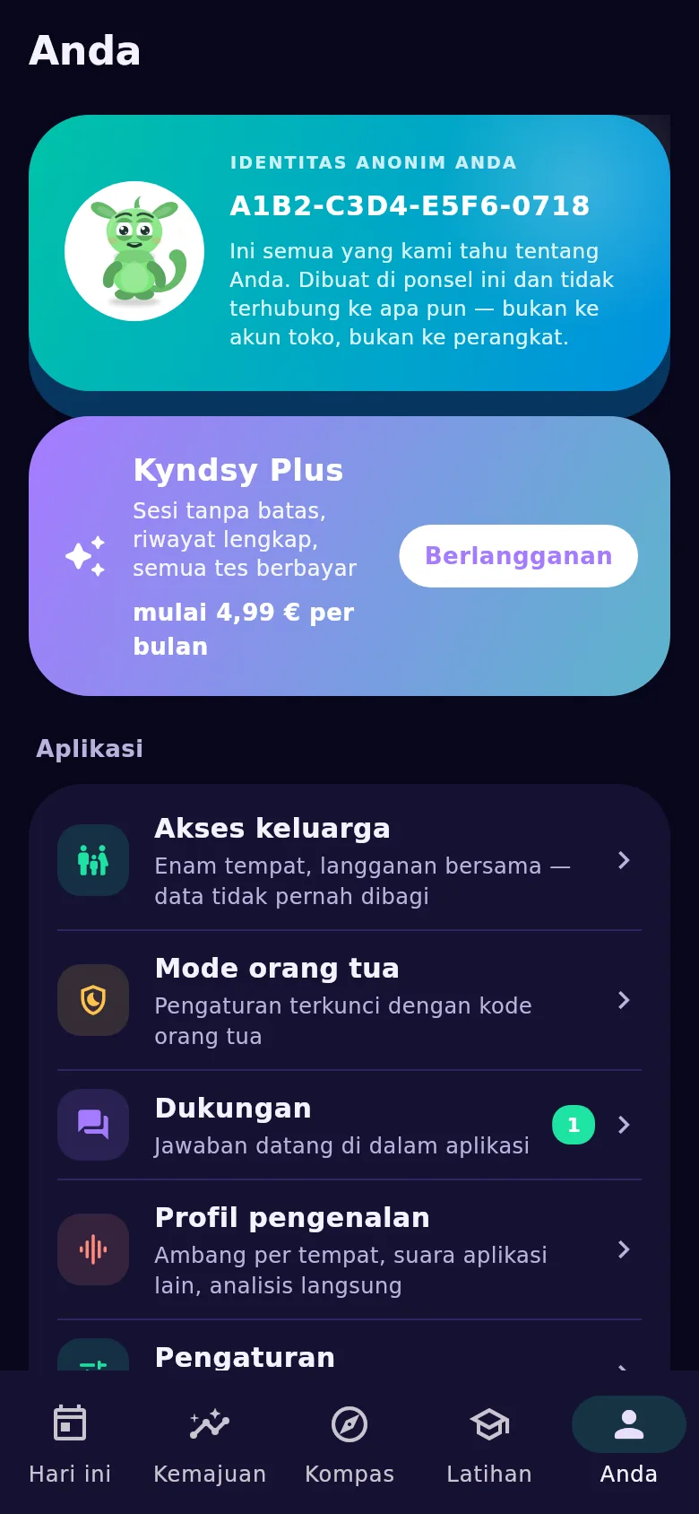 Layar «Anda»: pengenal anonim, akses keluarga, dan pemindahan riwayat