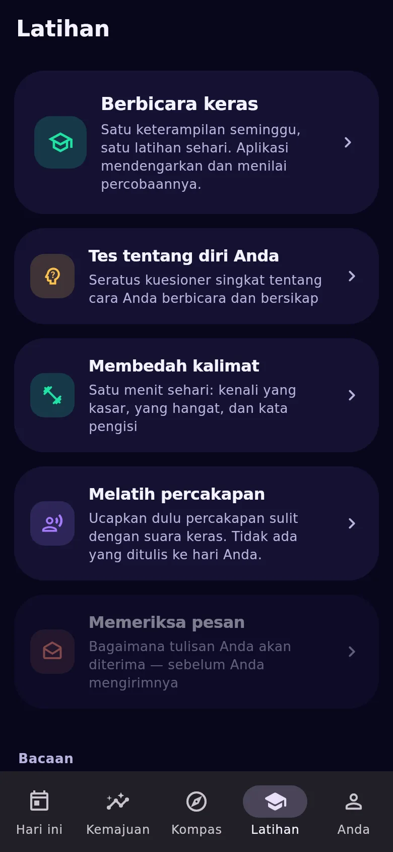 Tab «Latihan»: pelatih bicara, tes, latihan, dan gladi