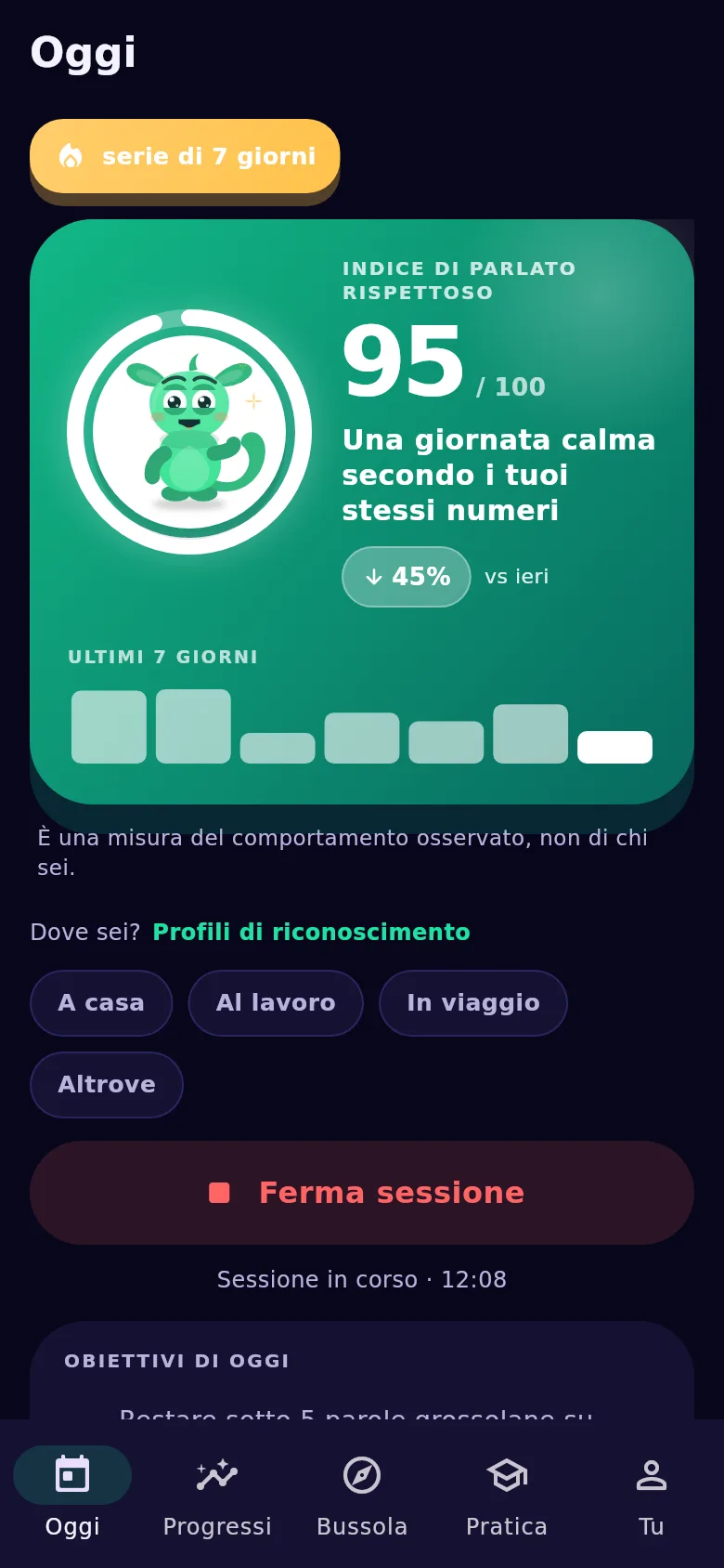 La schermata «Oggi»: l’indice del giorno e gli eventi