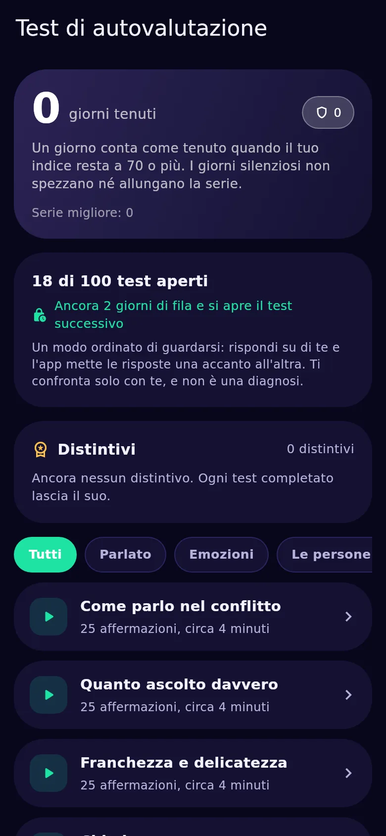 La schermata dei test di autovalutazione in Kyndsy: cento test, aperti e bloccati