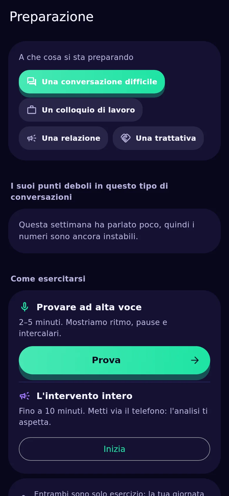 La schermata di preparazione in Kyndsy: a che cosa ti prepari, i tuoi punti deboli e il pulsante della prova